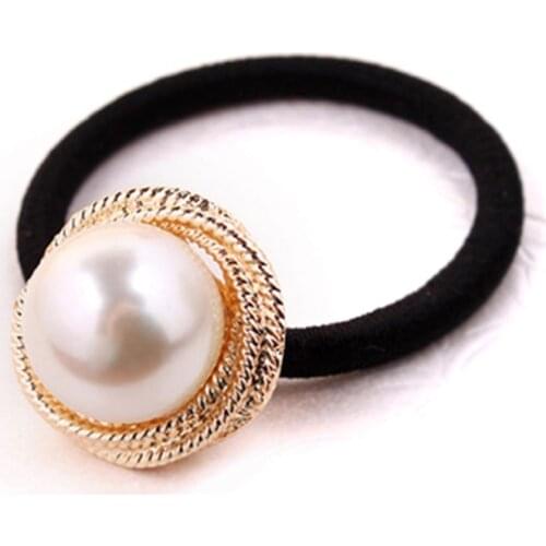 Great Simulated Pearl Ball Golden Silver Plated Metallic Flower Elastic Hair Bands Women Fashion Hair Jewelry