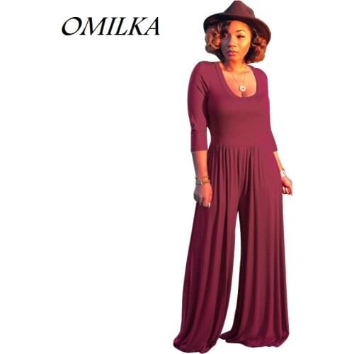 OMILKA 2018 Autumn Winter Women Long Sleeve O Neck Wide Leg Rompers and Jumpsuits Casual Loose Black Blue Red Club Overalls