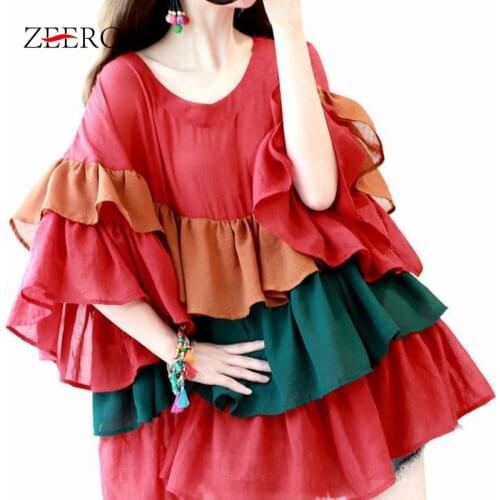 Korean Women Chiffon Splicing Fake Two Tops Flower Embroidery Long Sleeve Strapless O-Neck Ruffle Top Vintage Casual Short Blous