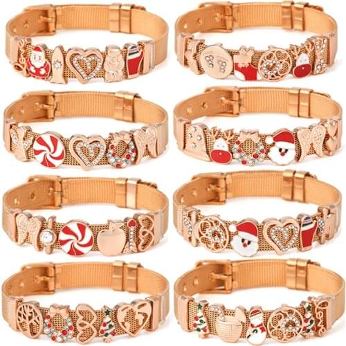 Rose Gold Cute Snowman Deer Charm Slide Beads Fit 10mm Stainless Steel Mesh Bracelet For Women Men Christmas Jewelry Gift