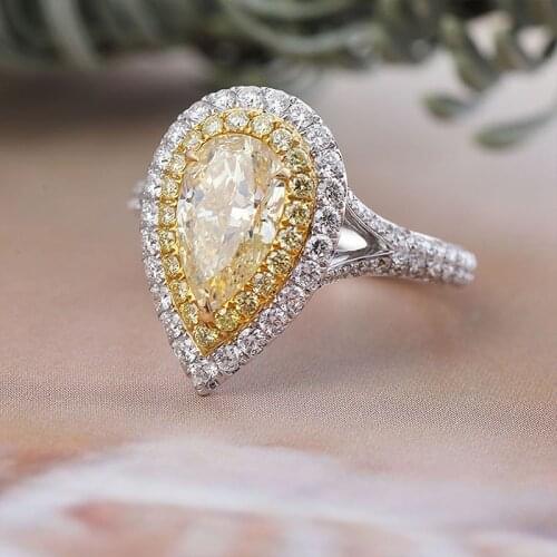 Centre 1.5ct Pear Yellow Moissanite Ring Side Stones Yellow Moissanite Halo Ring Solid 18K White Gold 1ctw Jewelry For Women