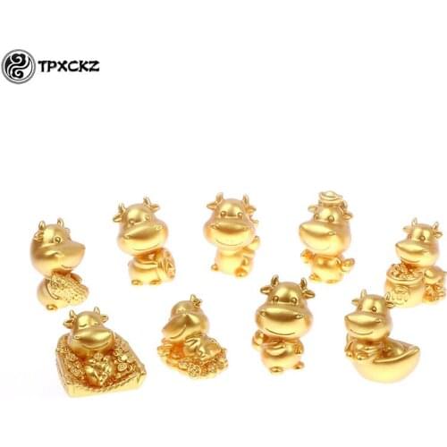 1 Piece Cute Golden Bull Cow Small Statue Little Figurine Resin Crafts Figure Ornament Miniatures