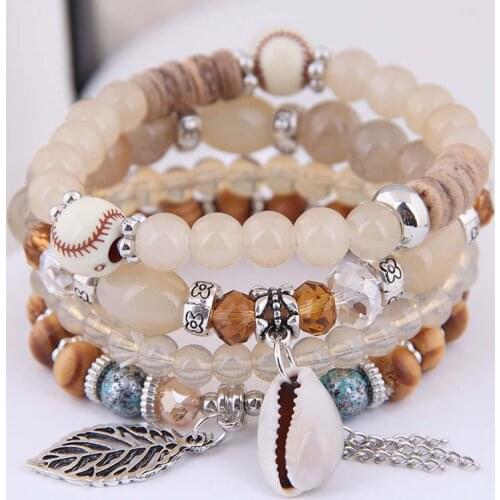 4Pcs/Set Vintage Women Cowrie Shell Leaf Charm Candy Beaded Elastic Bracelet jewelry Decor Accessory Valentines Day present