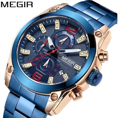 MEGIR 2021 New Rose Blue Waterproof Mens Watches With Stainless Steel Band Chronograph Male Army Military Wrist Watch Men Clock