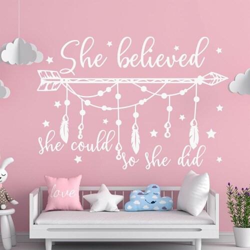 Quote wall decal girl bedroom decor she believed she could so she did tribal feather arrow Wall sticker girl room decor B115