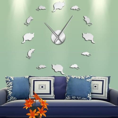 Cats and Mice Decorative DIY Wall Clock Kids Room Wall Art Frameless Mouse Design Mirror Effect Stickers Watch Housewarming Gift