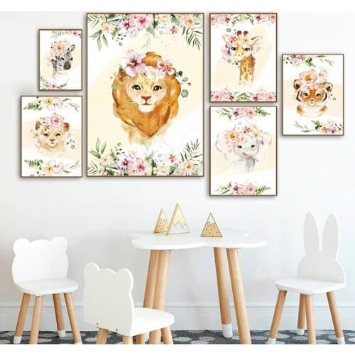 Nursery Flower Animals Wall Art Poster Print Lion Elephant Tiger giraffe Canvas Painting Decoration Baby Girl Bedroom Pictures