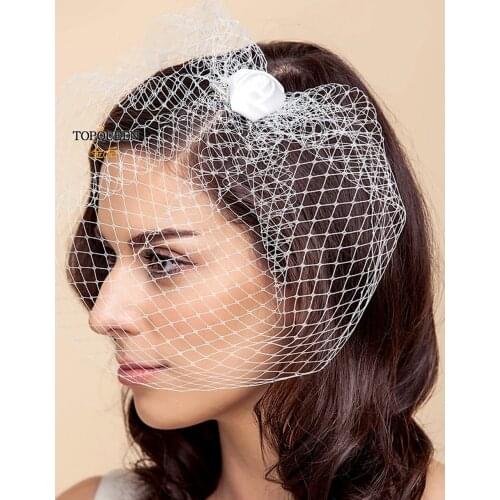 TOPQUEEN VA02 100% Handmade Birdcage Veil Blusher Veil White Ribbon Flower Headband Veil for Bridal Hair Accessories Face Veil