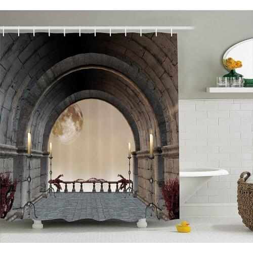Gothic Shower Curtain Middle Age Balcony of Stone Castle with Candles Renaissance Inspired Vintage Bathroom Curtains Home Decor