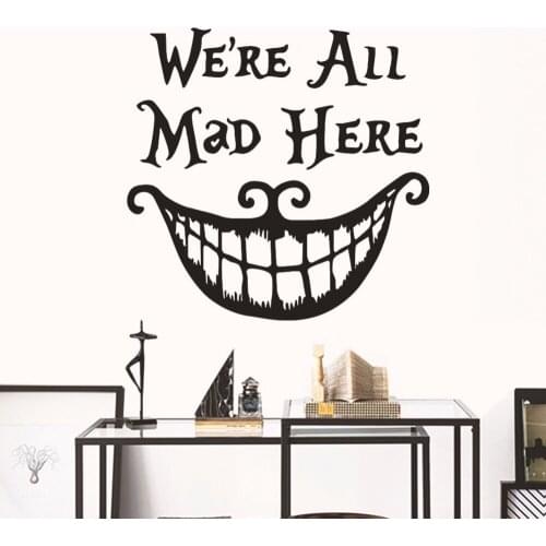 Halloween Decor Wall Stickers Decals We are All Mad Here Vinyl Quotes Sticker Funny Smile Face Big Mouth Decor Christmas Party
