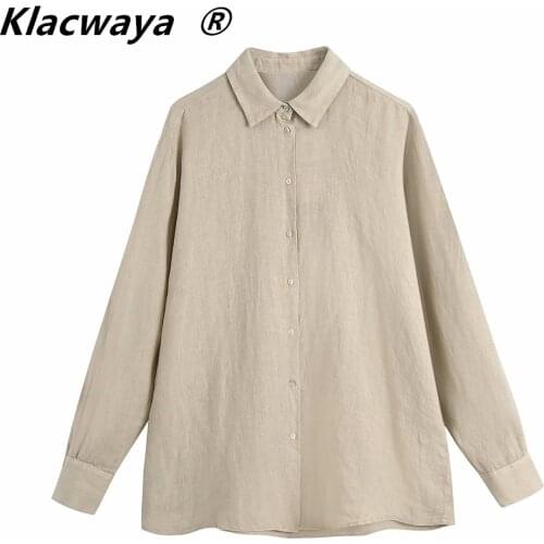 Klacwaya Women Casual Shirt Lapel Single-breasted Linen Folds Elegant Long Sleeve Solid Color Shirt Roupas Chic Blusas