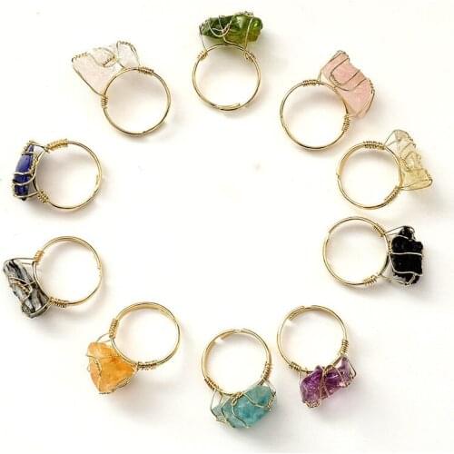 Natural Stone Crystal Rings Women Irregular Wire Wrap Healing Purple Fluorite Gold-color Resizable Finger Ring Jewelry