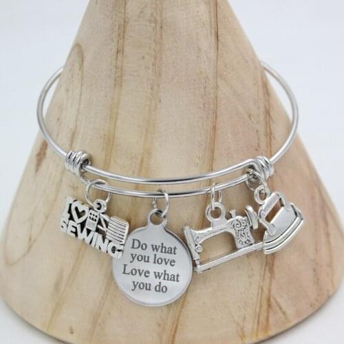 Stainless Steel Adjustable Wire Bangle I love sewing Charm Bracelets for women jewelry sewing lover Gifts