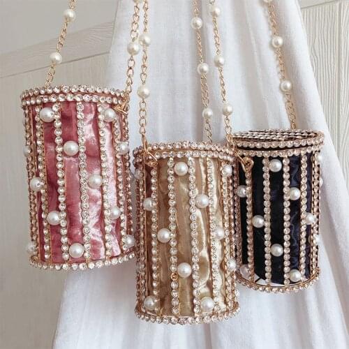 Latest design cylindrical pearl evening bags women luxury cage party purse beaded chain bucket rhinestone clutch bags