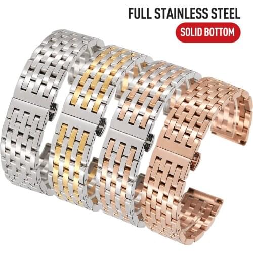 2018 New Solid Seven Strains Stainless Steel Watchband 20mm 22mm Golden Straight End Bracelet with Butterfly Buckle Accessories