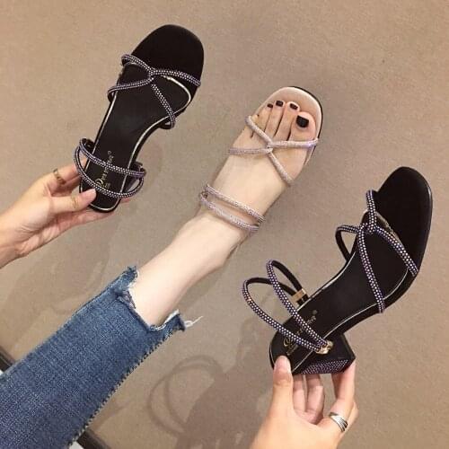 2020 New Style Double Purpose Man-made Diamond Semi-high Heeled Thick with Womens Rome Sandals