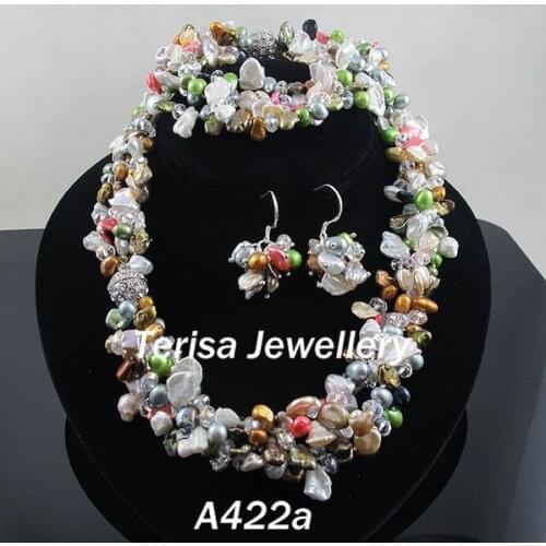 New Free Shipping A422a AA 8-9MM Mix Color Natural Shaper Fresh Water Pearls Necklace Bracelet And Earring Fashion Set 4Rows
