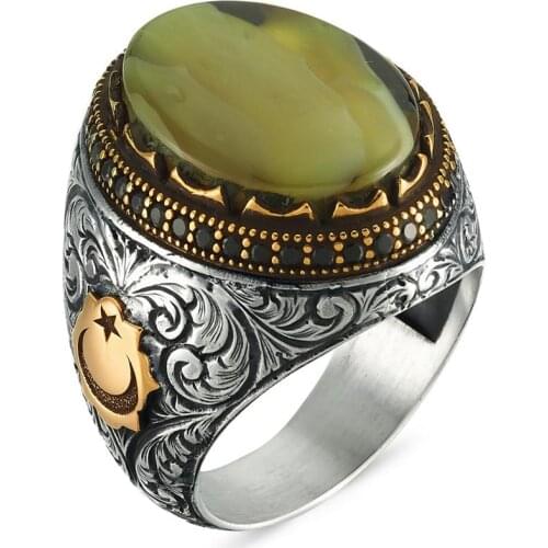 Original Trendy New Hot Selling Turkish Rings Antique 925 Silver Ottoman Rings Agate Ring for Man Fashion Vintage Fine Jewelry