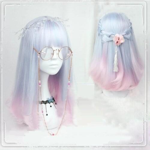 Original Lolita Cosplay Wigs High-temperature Fiber Synthetic Hair 15inches Blue Pink Gradient Short Hair + Wig Cap