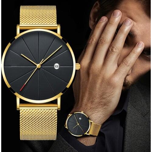 Luxury Fashion Business Watches Men Super Slim Watches Stainless Steel Mesh Belt Quartz Watches Gold Watches Men Gift 2020