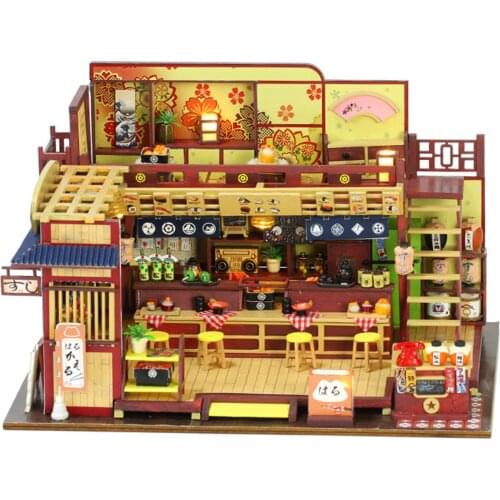 DIY Doll House Japanese Food Store Wooden Miniature Assemble Dollhouse Kt with Furniture with Light and Music Kids Gifts Toys