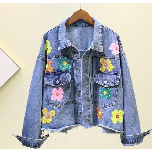 2020 New Denim jacket Women Coat Three Dimensional Flowers Pearl Bead Short Jeans Jacket Sequins Loose Overcoat Female Outwear