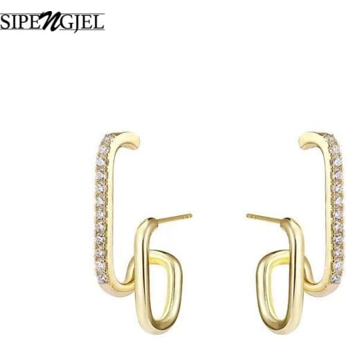 SIPENGJEL New Trendy Cubic Zircon Geometric Curved Earrings Gold Color Punk Stud Earrings For Women Minimalist Jewelry 2021