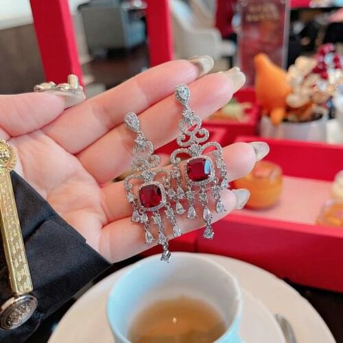 Earrings 2021 Trend 925 Sterling Silver Retro Palace Style Water Drop Crystal Women jewelry Princess Cut Red Zircon Vintage Stud