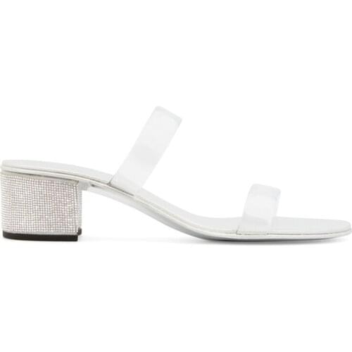 Summer Transparent PVC Straps Slipper Med Bling Crystal Chunky Heels Slip on Open toe Female Roman Style Outfit Dress Shoes