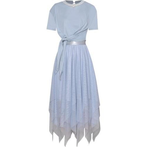 QUALITY Newest HIGH 2021 Designer Runway Suit Set Womens O-Neck Beading short Sleeve T-Shirt Asymmetrical Gauze Skirt Set