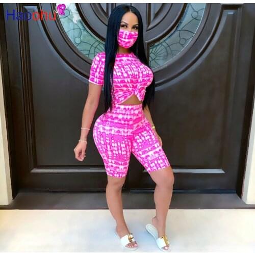 Women Sportwear Two Piece Set with Mask Tie-dye Print Short Sleeve Crop Top and High Waist Skinny Jogger Pant Sweat Suit Outfit