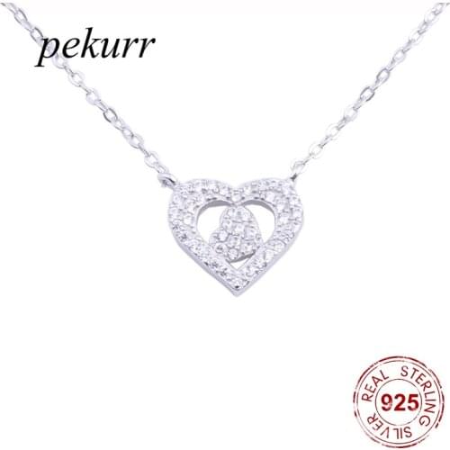 Pekurr 925 Sterling Silver Zircon Hollow Heart In Heart Necklaces For Women Silver Chain Female Pendants Collar Fashion Jewelry