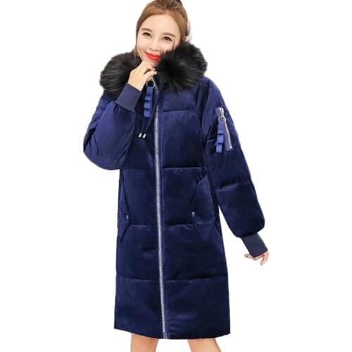 Gold Velvet Cotton Padded Jacket Female Winter Thick Jacket Parkas Hooded Fur Collar Long Outerwear Large Size Women Basic Coat
