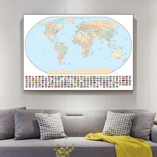 150x100cm Regular World Map Non-woven Inkjet Map With National Flags For Culture And Education