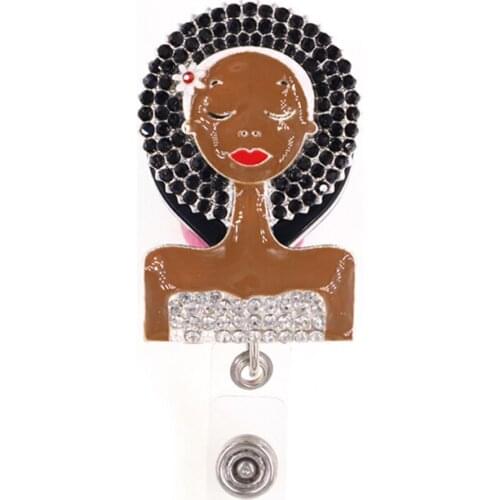 20pcs/lot New Design Custom Alloy Medical Rhinestone Badge Reel Beautiful Black Girl Bride Retractable Badge Holder