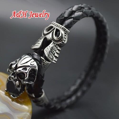 5pcs New Arrival Skull Charms Fashion Men And Women Black Genuine Leather Bracelets Luxury Punk Wrist Jewelry Christmas Gift