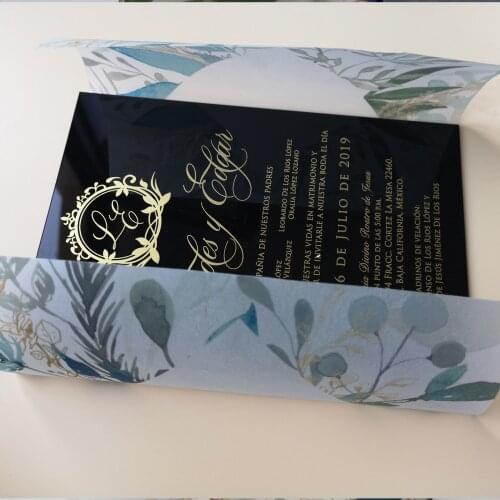 Hot sale free design 2019 hot sale custom personalized black acrylic card with metallic gold text,vellum paper wrapper