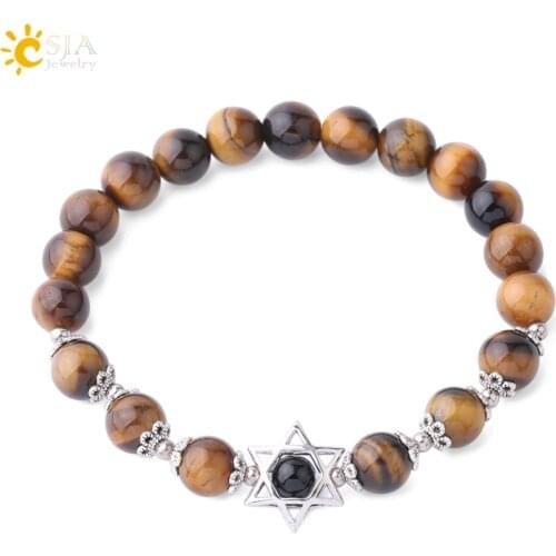 CSJA Charm Natural Stone Bracelets Magen Star of David Mala Beads Tiger Eye Lapis Lazuli Amazonite Reiki Ethnic Bracelet F856