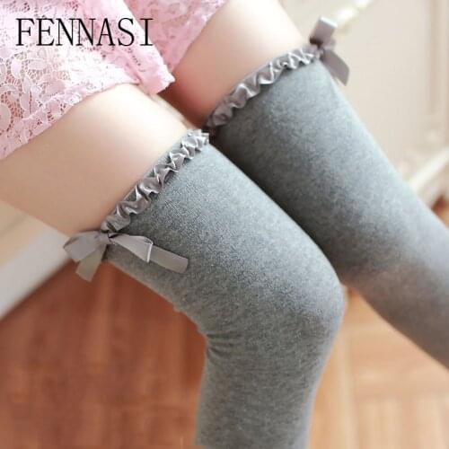 FENNASI Lace Top Womens Stockins Lolita Japanese Sweets Thigh High Pantyhose Kawai Campus Cute Girl White Long Stockings