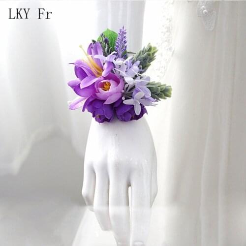 LKY Fr Wrist Corsage Bracelets for Bridesmaid Bridal Bracelet Flowers Purple Corsage Wedding Boutonniere Marriage Accessories