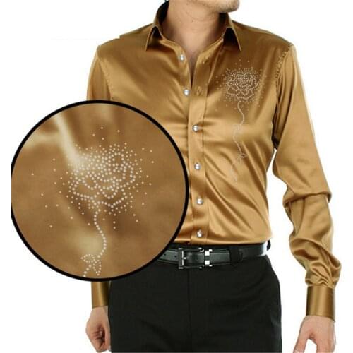 Mens shirt simulation silk fashion slim rose pattern mens shirt long-sleeved comfortable high-end mens casual shirt