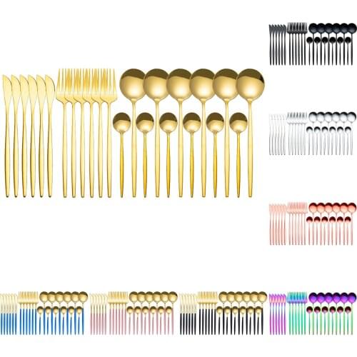 24PCs Stainless Steel Glossy Silver Gold Dinnerware Sets Knife Fork Cutlery Sets Coffee Spoon Flatware Set Dishwasher Tableware