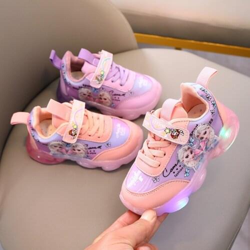 2021 new childrens shoes Frozen Aisha leather cartoon casual shoes sports shoes luminous shoes LED light shoes tide