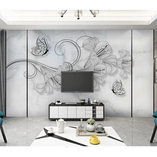Wallpapers for living room Simple creative hand painted flowers butterfly marble pattern wall