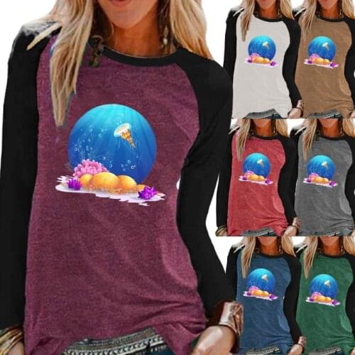 Autumn Ladies Casual Long Sleeve Tops Cartoon Ocean Print Round Neck Loose T-shirt Pullover Sweatshirt Plus Size Womens T-shirt