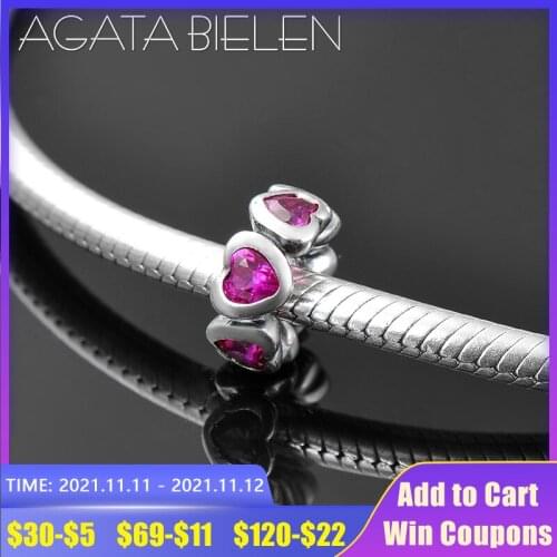 Authentic 925 Sterling Silver Light Round Rose Red Zircon heart spacer beads Fit Original europeu Charms Bracelet Jewelry making
