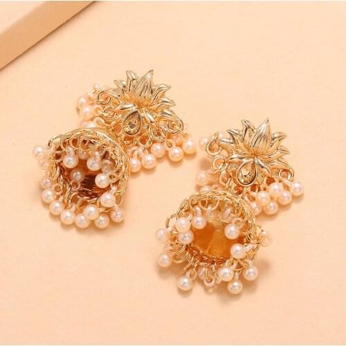 New Ins Indian Gold Handmade White Beads Lotus Earring Nepal Thailand Piercing Earrings Arab Gypsy Fashion Party Jewelry Bijoux