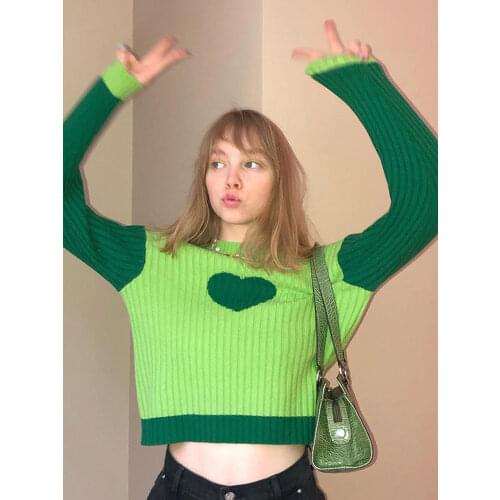 Tossy Cute Heart Pattern Patchwork Sweaters Candy Constract Color Knitted Ribbed Kawaii Pullovers 2000s Y2K Casual Streetwear