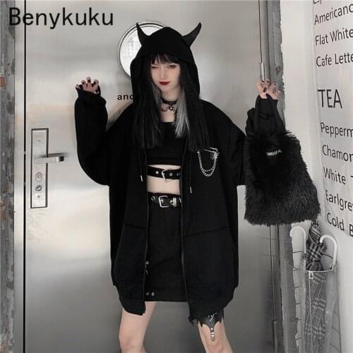 Thin Spring Autumn Women Harajuku Punk Gothic Girls Black Devil Horn Hoodies Sweatshirt Hooded Japanese Hip Pop Plus Size Coats