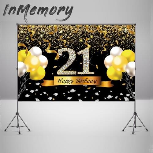Black and Gold Ribbon Glitter Diamond Balloons 21st Birthday Party Background Photographic Photo Backdrop Photophone Vinyl
